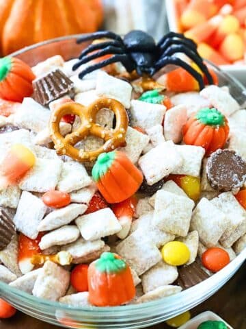 Halloween Puppy Chow in a bowl.