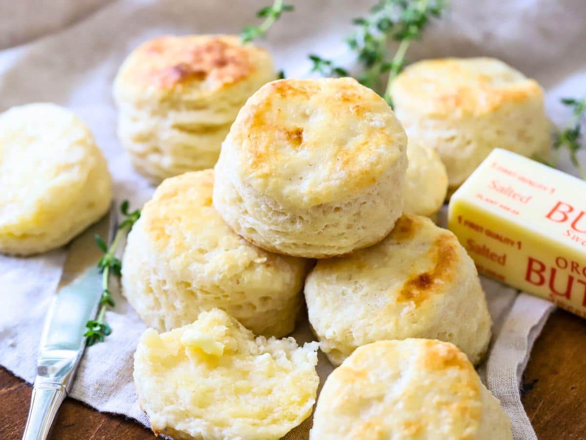 Biscuits stacked up and ready to eat.