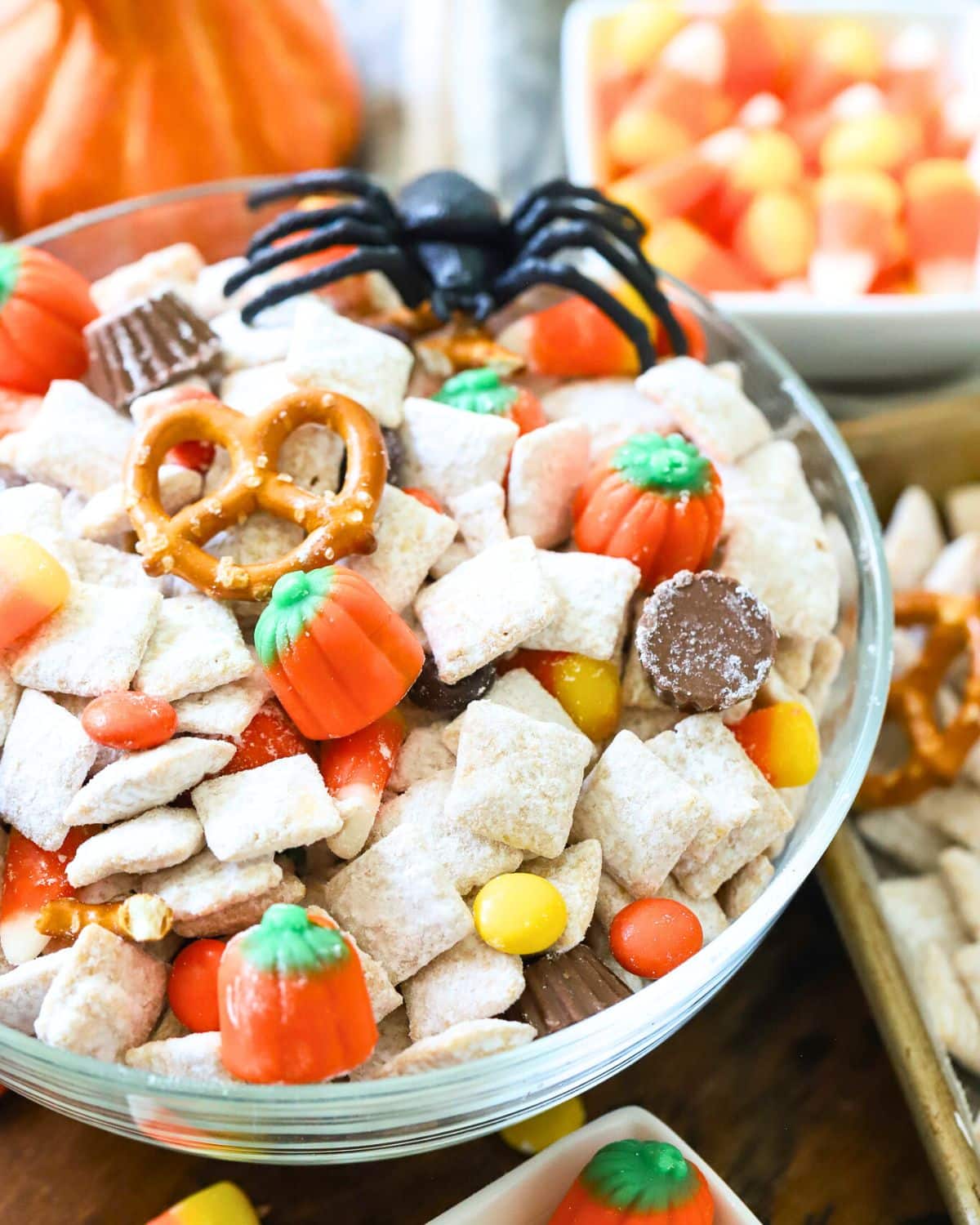 A bowl filled with Halloween Chex Mix.