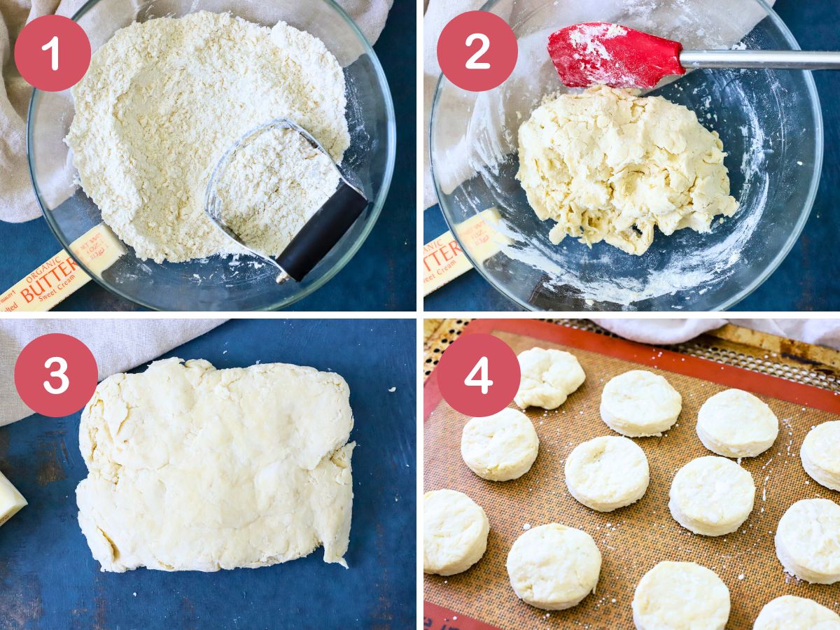 Images of the steps to make buttery biscuits.