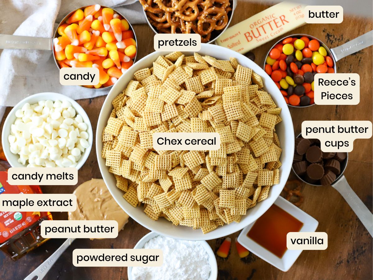 Ingredients to make Halloween Chex Mix.