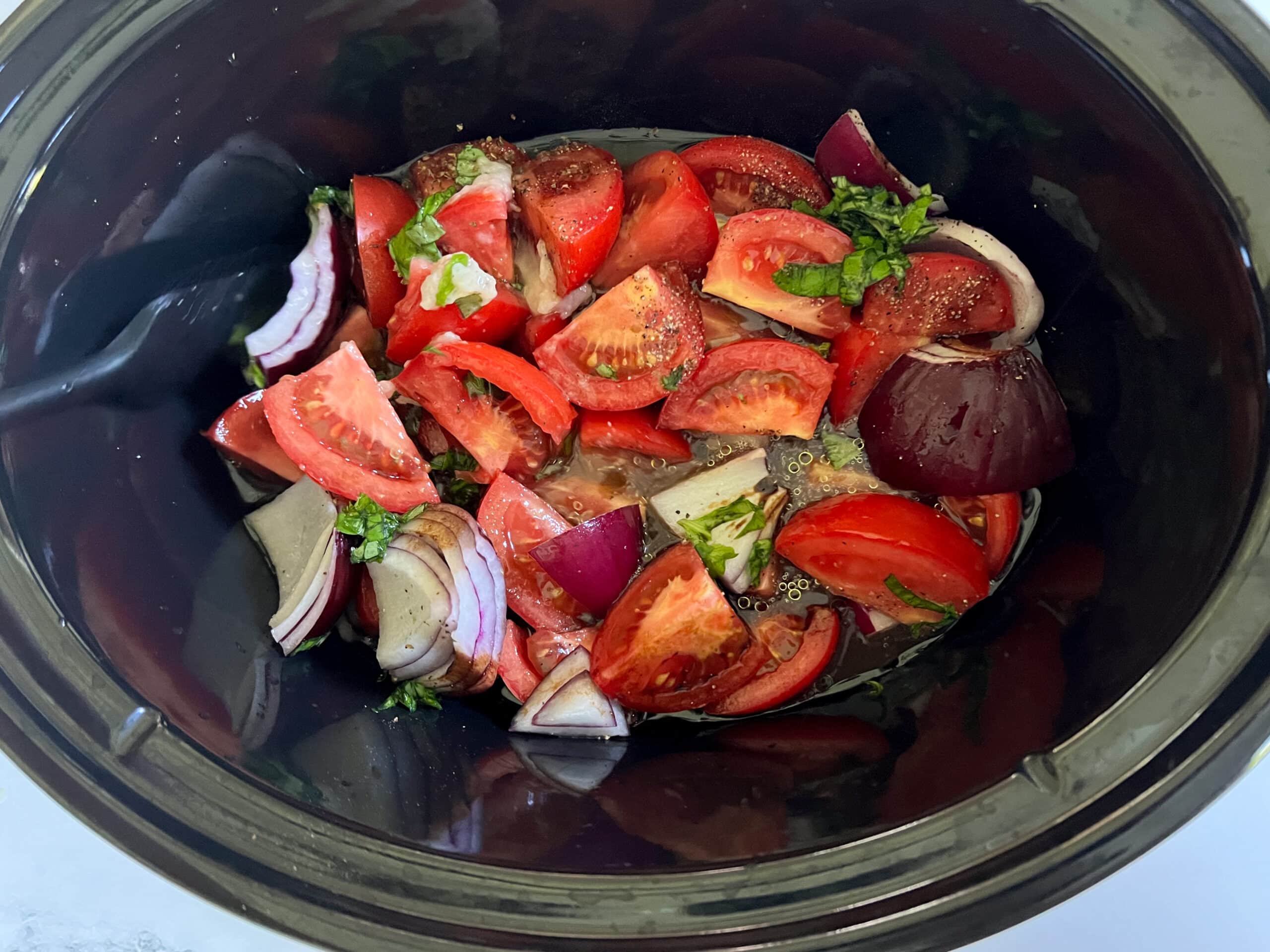 Tomato Basil soup ingredients in slow cooker