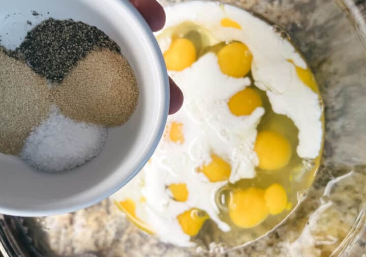 Pour in spices to egg and milk