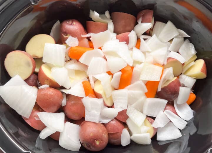 Prepped veggies in slow cooker