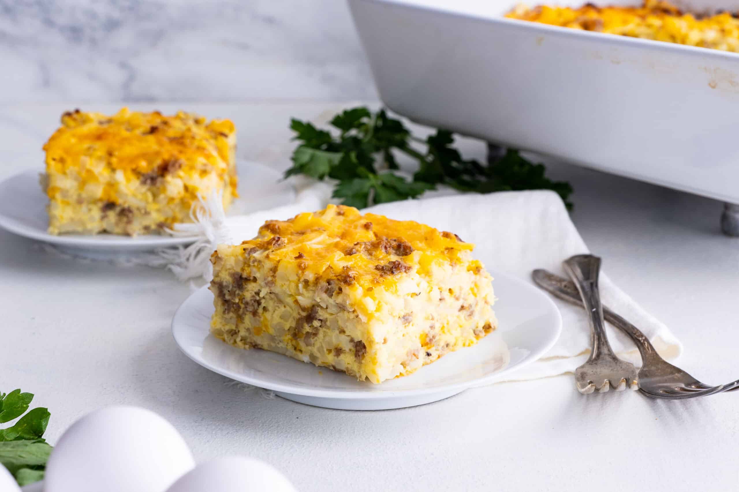 Slice of sausage hashbrown breakfast casserole