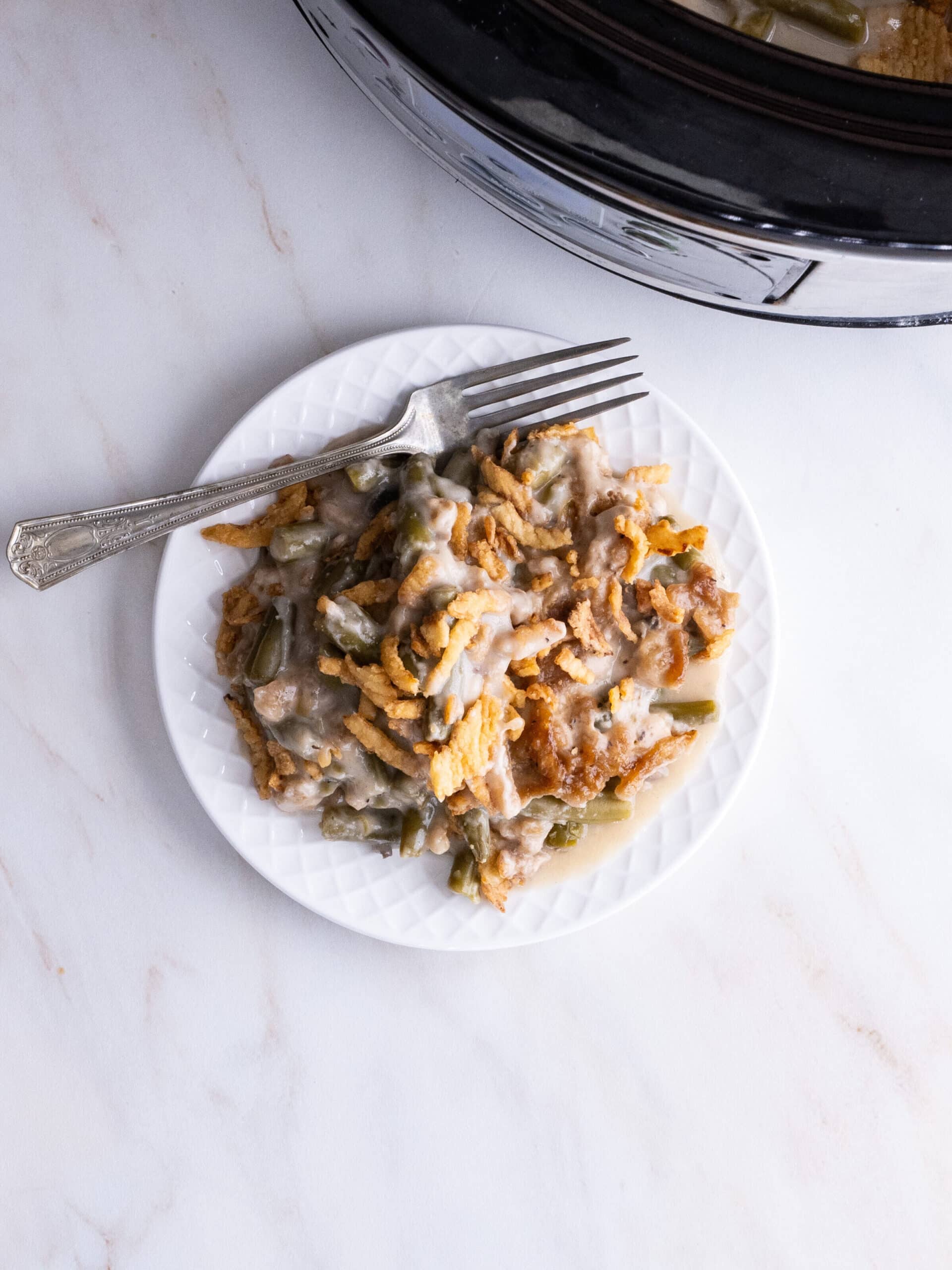 One serving of green bean casserole