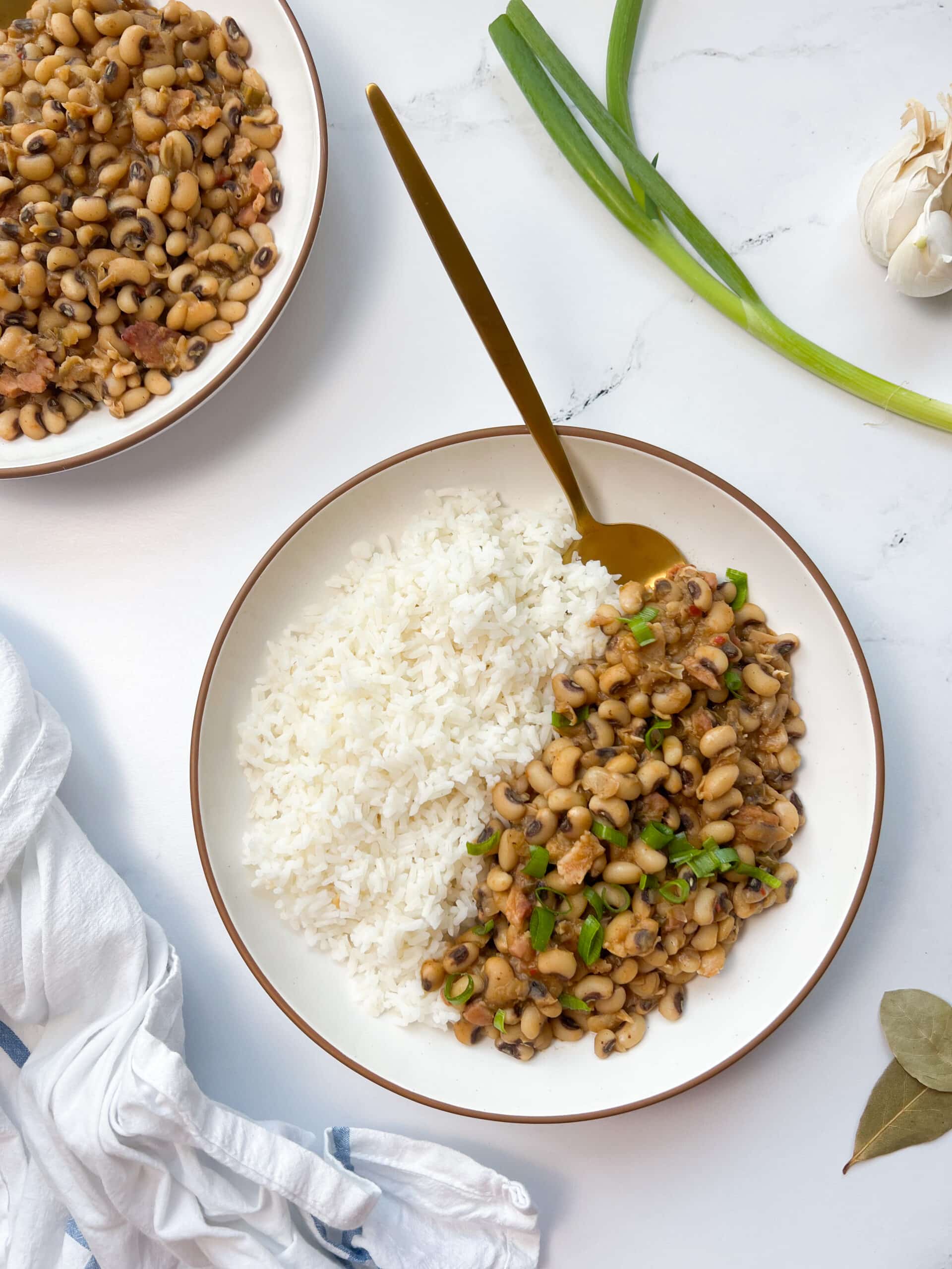 Spicy Black-Eyed Peas with Rice topped with green onions