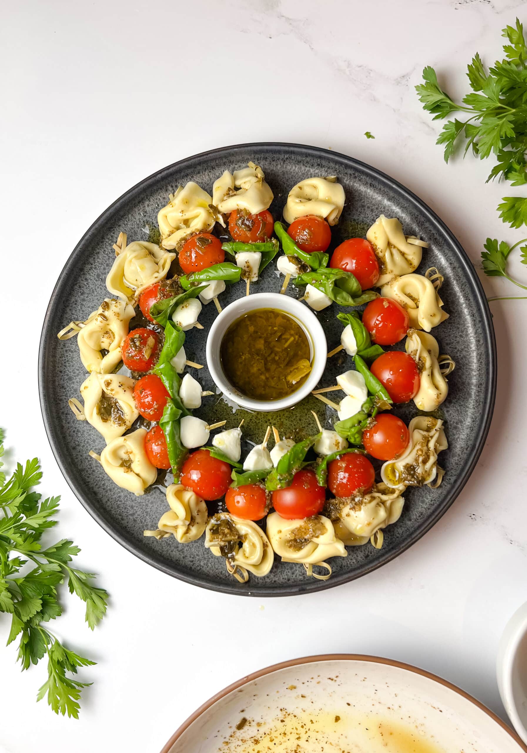 tortellini caprese skewers plated