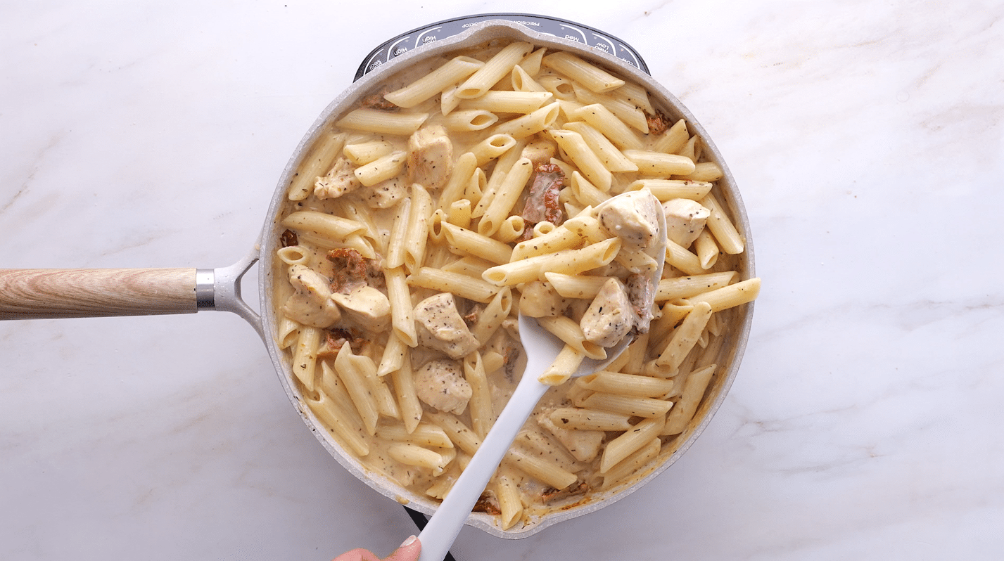 Finished Marry me chicken and penna pasta in a skillet